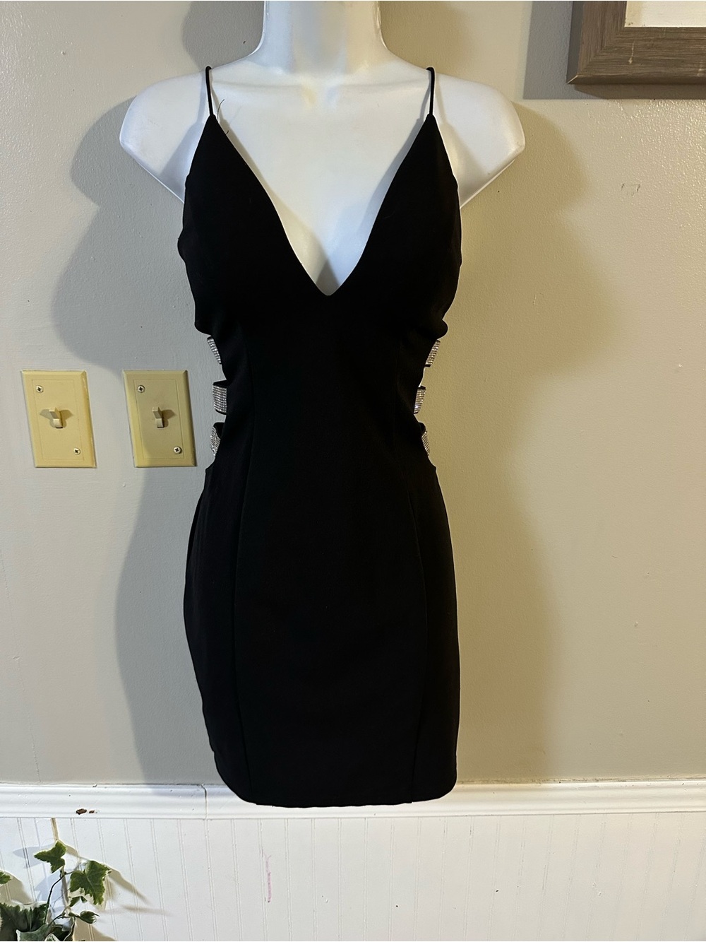 Windsor Black Deep V Mini Dress with Side Rhinestone Straps